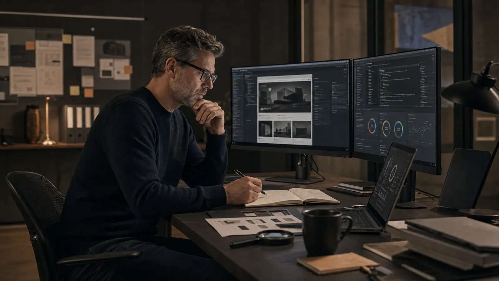 A digital auditor reviewing website code, accessibility, search visibility, and performance in a modern studio.