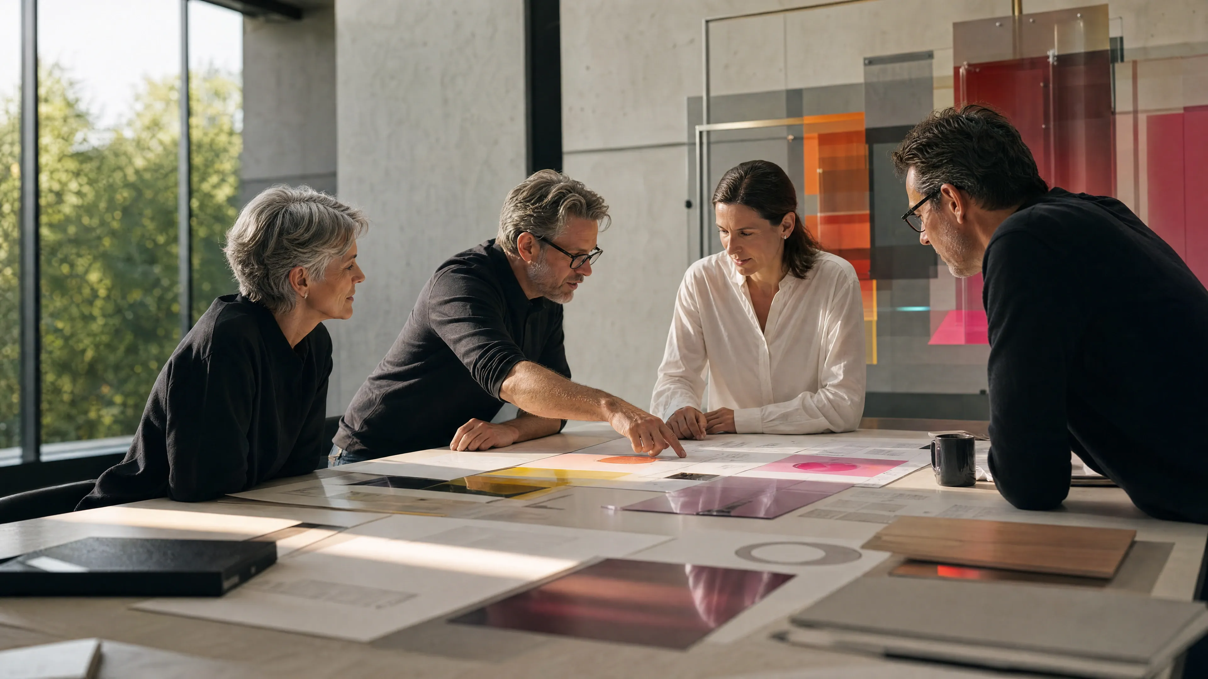 A team reviewing color palettes, material swatches, and identity boards spread across a studio table.