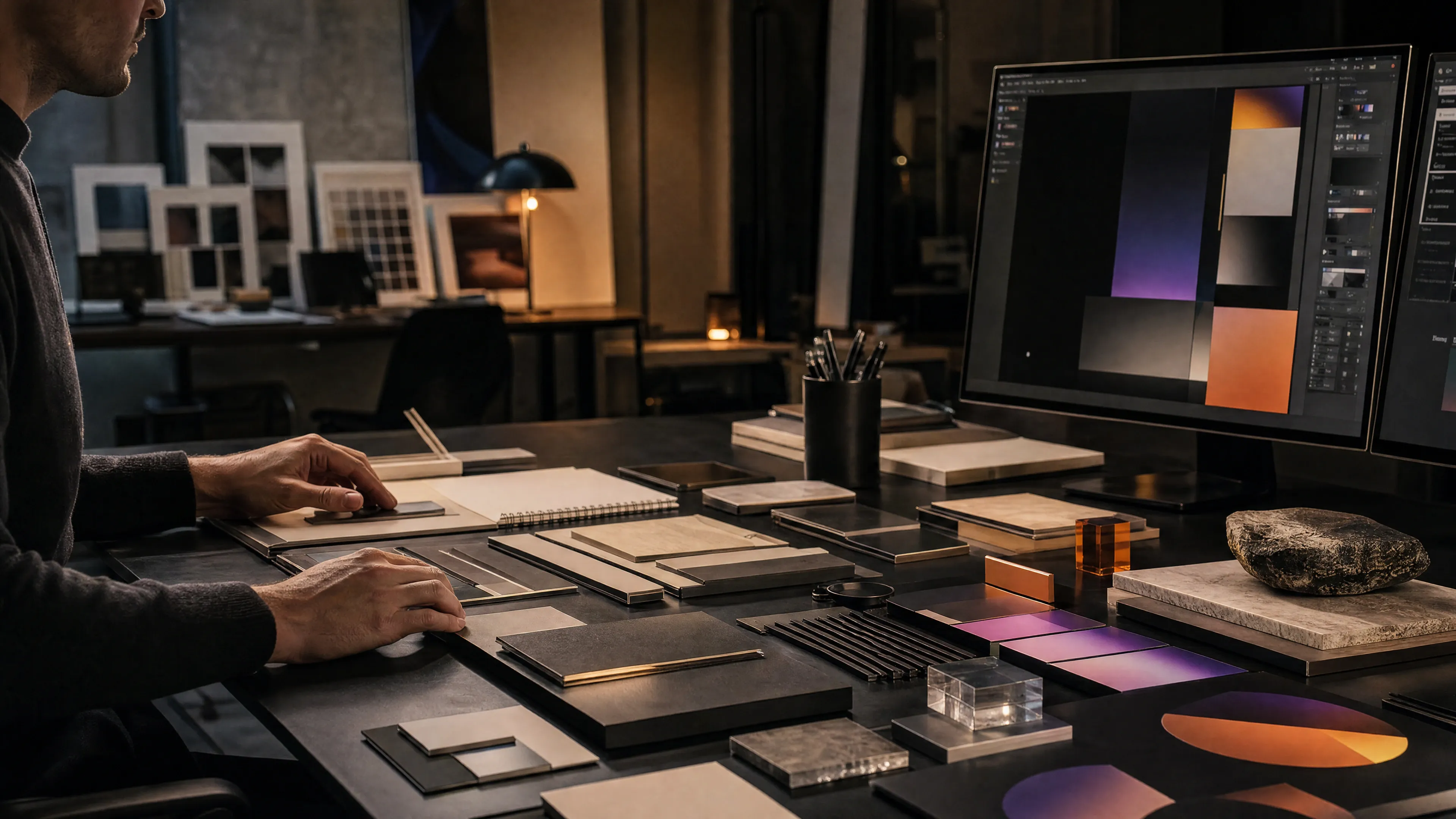 A premium digital-design workspace with material and color studies.